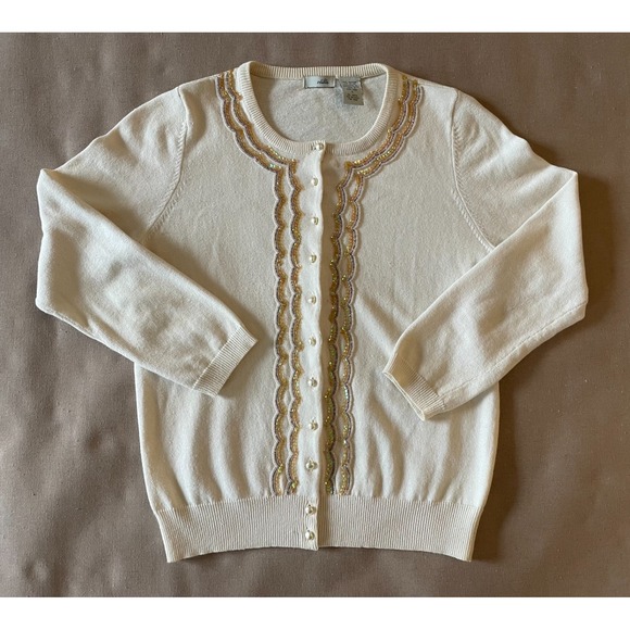 Odille Sweaters - Vintage Y2K Odille Cardigan Sweater Sz S Beaded Sequins Pearls Old Money Cottage